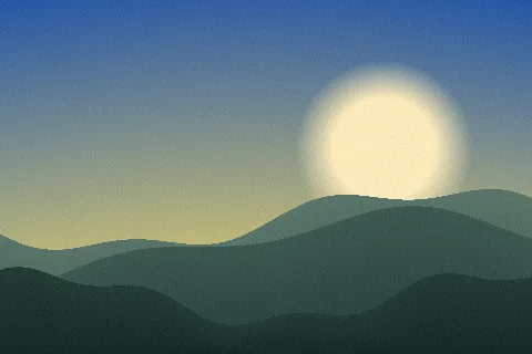 A generated landscape with a low sun and three ridges, used to show what JPEG does to continuous tone. Shown as WebP.